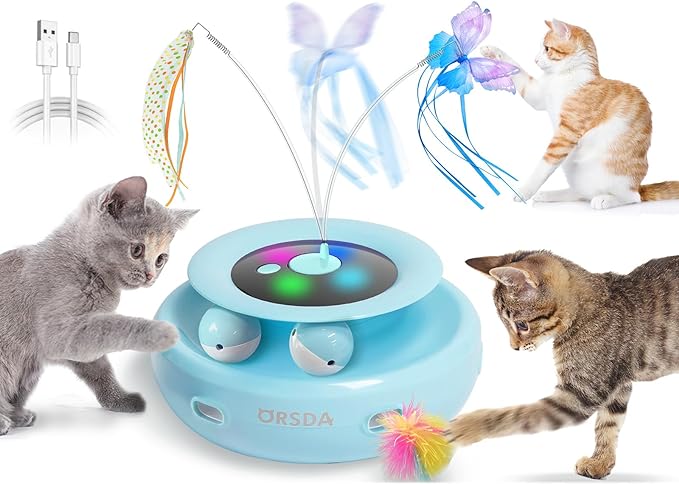 ORSDA Cat Toy, 3-in-1 Automatic Interactive Electronic Moving Ambush Feather, Fluttering Butterfly, Track Balls, USB Rechargeable Powered Smart Indoor Exercise Kicker-Mewly Pet
