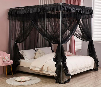 Mengersi Canopy Bed Curtains Bed Canopy Royal Luxurious Cozy Drapes Netting- Elegant Bed Sheer Bedroom Decoration Accessories for Adults,Black,California King