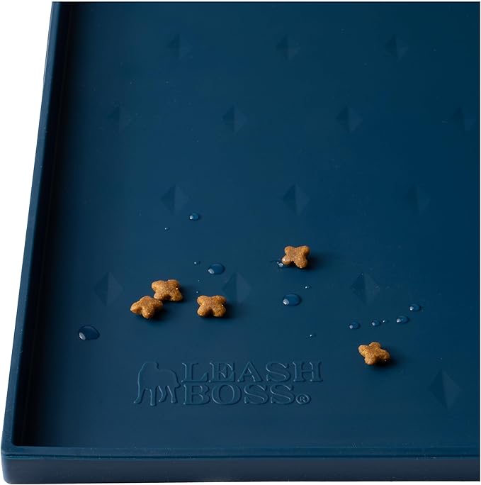 Leash Boss Dog Food Mat for Food and Water Bowls, Waterproof Silicone Pet Feeding Mat for Floors, Extra Tall Raised Edges, Cat and Dog Placemat for Floors, Dishwasher Safe (XL: 25" x 17" - Navy)-Mewly Pet