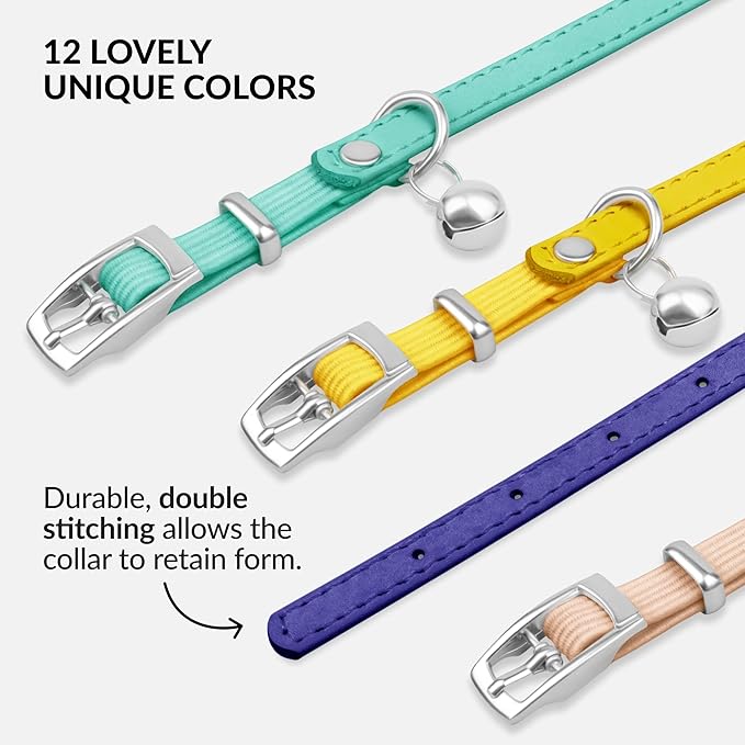 CollarDirect Leather Cat Collar with Bell - Kitten Collar, Small and Big Cat Strap for Boy Cats, Girl Cats with Safety Elastic Strap (Neck Fit 6"-7", Purple)-Mewly Pet