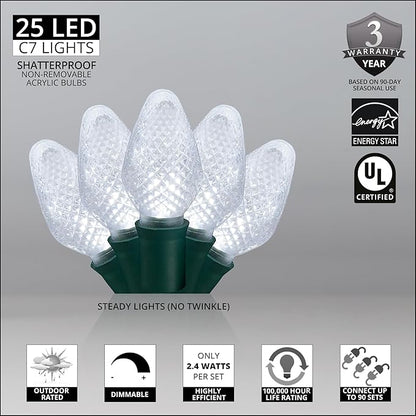 Wintergreen Lighting C7 Cool White LED Christmas Lights, 17 ft String Light Set with 25 Bulbs – Indoor/Outdoor Holiday Decor