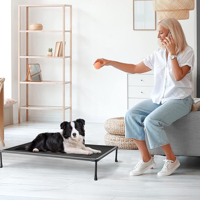 Veehoo Chewproof Elevated Dog Bed - Cooling Raised Pet Cot, Breathable Mesh, Washable & Non-Slip for Medium Dogs, Indoor/Outdoor, Black Mat and Black Frame, 32x25inches (Model CWC2203A03)-Mewly Pet