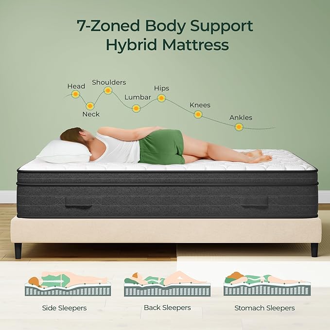 koorlian 12 Inch King Size Mattress in a Box for Back Pain, Medium Firm Feel Fiberglass Free Hybrid Mattress with Individual Pocket Springs and Pressure-Relieving Memory Foam, 120-Night Trial