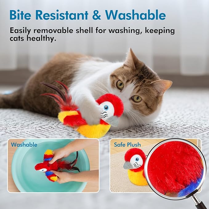 Vannon Cat Toys Flapping Bird(Cannot Fly), Rechargeable Touch Activated Kitten Toy Interactive Cat Exercise Toys with Catnip and Feather for Indoor Cat - Red-Mewly Pet
