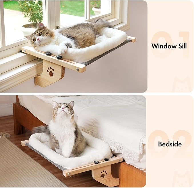 AMOSIJOY Cat Sill Window Perch Sturdy Hammock Window Seat with Cushion Cover, Wood & Metal Frame for Large Cats, Easy to Adjust Cat Bed for Windowsill, Bedside, Drawer and Cabinet (XL)-Mewly Pet