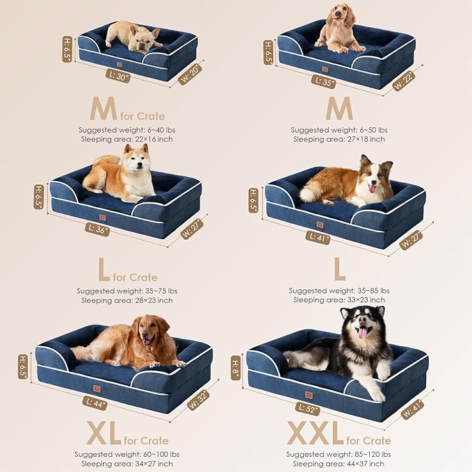 EHEYCIGA Orthopedic Dog Beds for Large Dogs, Waterproof Memory Foam Large Dog Bed with Sides, Non-Slip Bottom and Egg-Crate Foam Pet Couch Bed with Washable Removable Cover, Navy-Mewly Pet