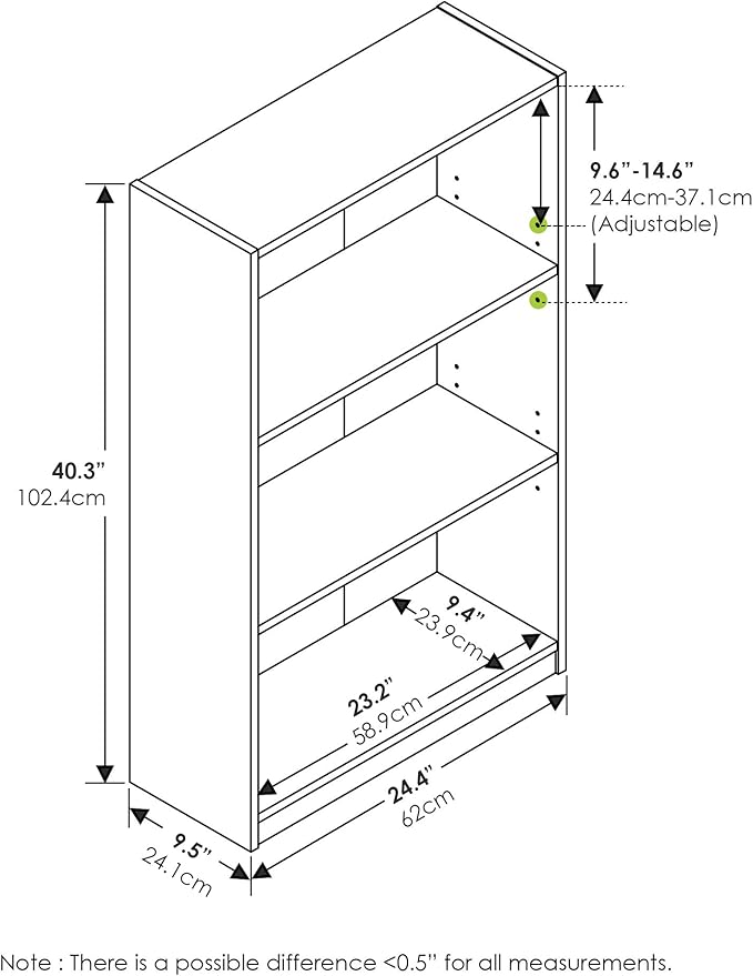 Furinno JAYA Book Shelf, 3-Tier Bookshelf, Bookcase with Adjustable Shelves, 9.5 x 24.5 x 40.3, for Living Room, Bedroom, Home Office, Amber Pine