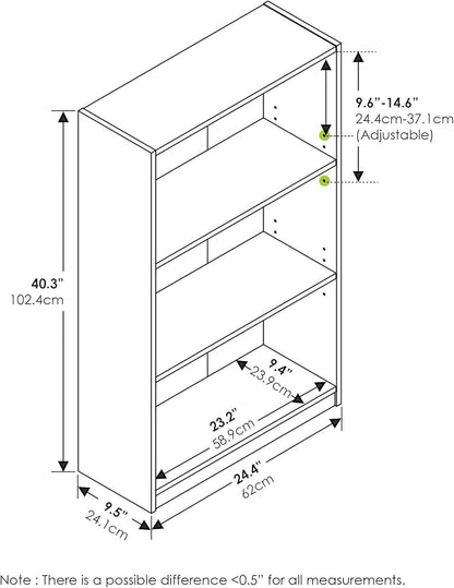 Furinno JAYA Book Shelf, 3-Tier Bookshelf, Bookcase with Adjustable Shelves, 9.5 x 24.5 x 40.3, for Living Room, Bedroom, Home Office, Amber Pine