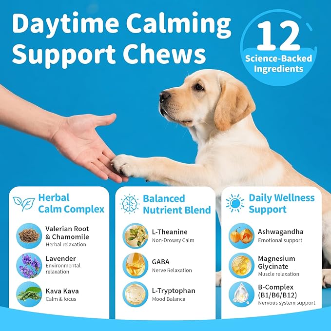 Calming Chews for Dogs – Calming Treats for Anxiety, Stress, Separation, Travel&Thunder, Relaxation & Focus Support with L-Theanine, Valerian Root, Chamomile & Ashwagandha, Bacon Flavor, 90Ct-Mewly Pet
