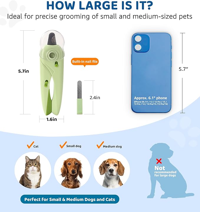 Pet Nail Clipper with Light for Cats & Small Dogs Puppies, Ultra Bright LED to Illuminate Nail Bloodline to Avoid Over Cutting, Extra-Sharp and Durable Cat Claw Trimmer with Nail File (Green)-Mewly Pet