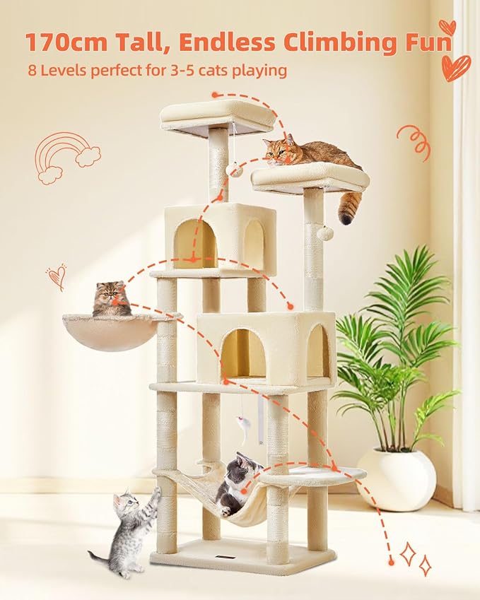 Taoqimiao Cat Tree, 66.2-Inch Cat Tower for Indoor Cats, Plush Multi-Level Cat Condo with 7 Scratching Posts, 2 Perches, 2 Caves, Hammock, 2 Pompoms, Beige MS013M-Mewly Pet