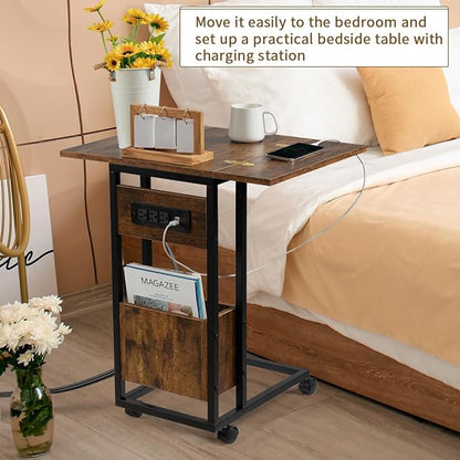 Hadulcet C Tables End Table Set of 2, C Shaped Side Table with Charging Station, Folding Table TV Trays for Eating, Couch Tables That Slide Under, Small End Table Snack Tables, Rustic Brown