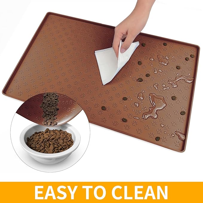Ptlom Pet Placemat for Dog and Cat, Waterproof Silicone Pet Feeding Bowl Mats for Food and Water, Small Medium Large Dogs Mat Prevent Residues from Spilling to Floor, Brown, 31.5" 23.6"-Mewly Pet