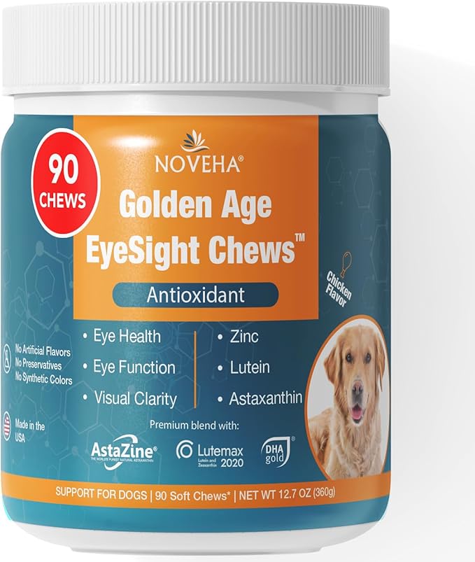 NOVEHA Eye Supplement for Dogs (90 Chews)- Vision Support with Lutein + Vitamin C & Astaxanthin Antioxidants - Dog Vitamins for Eyes + Fish Oil for Omega 3 EPA - Made in USA-Mewly Pet