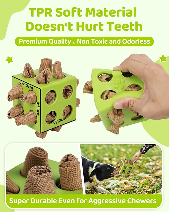 Interactive Puzzle Dog Toy Encourage Natural Foraging Skill, Durable Dog Enrichment Toy Snuffle Cube Cloth Strip with Hide & Seek Food, Slow Feeder for Mind Stimulate & Stress Relief (Green)-Mewly Pet