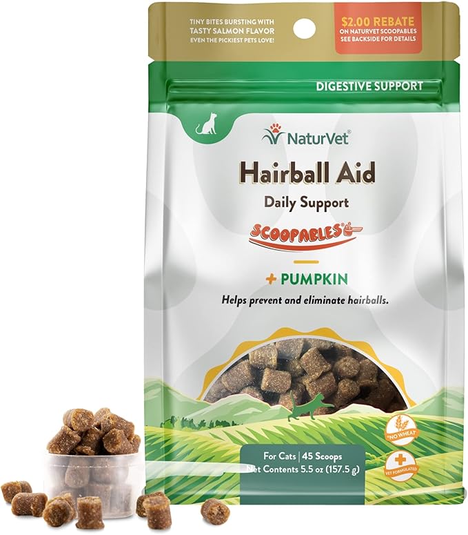 NaturVet Scoopables Hairball Aid for Cats - Helps Prevent & Eliminate Hairballs - Psyllium Husk & Pumpkin - Salmon Flavored Cat Health Supplement - Tastes Like Treats & Prevents Hairballs | 5.5oz Bag-Mewly Pet