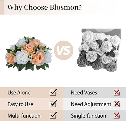 BLOSMON Flower Ball Centerpieces for Tables: 2pcs 9.5 Inch Peach Fuzz Fake Rose Flowers Kissing Balls Artificial Wedding Floral Arrangements Silk Bouquet with Base Home Party Room DIY Decorations