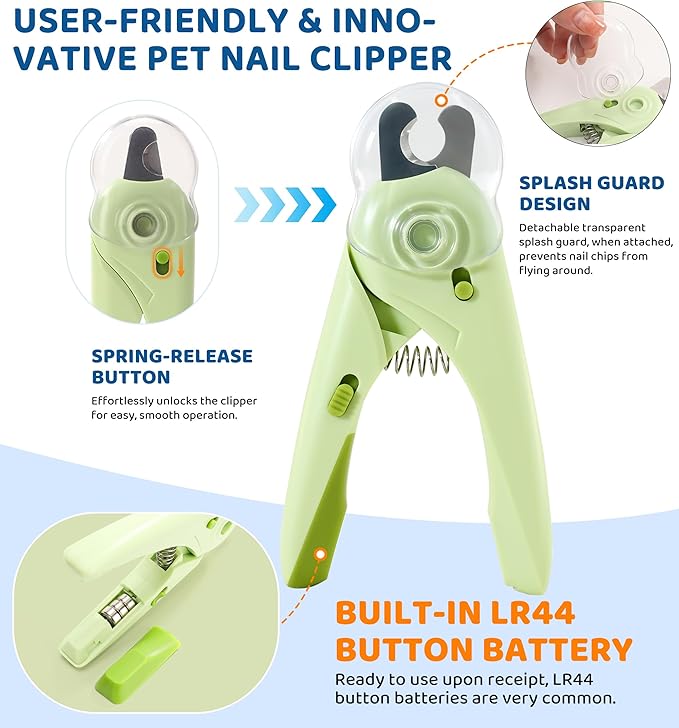 Pet Nail Clipper with Light for Cats & Small Dogs Puppies, Ultra Bright LED to Illuminate Nail Bloodline to Avoid Over Cutting, Extra-Sharp and Durable Cat Claw Trimmer with Nail File (Green)-Mewly Pet