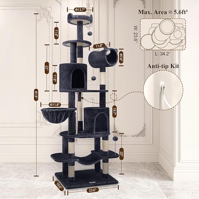 Globlazer Artistic Curved Cat Tower for Small Cats (Under 12 lbs), 81-inch Slim Design Cat Tree with Space-Saving Design, Indoor Cat Condo with Hammock & Tunnel, C81, Dark Gray, Non-Large Cats-Mewly Pet