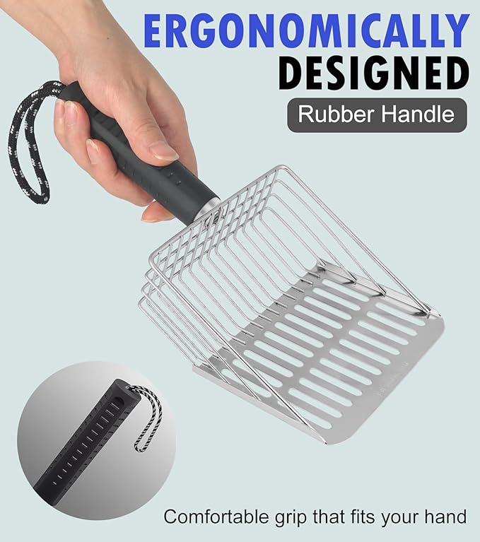 2PCS Cat Litter Scoop, Solid and Durable Kitty Metal Scooper, Stainless Steel Sifter, Heavy Duty, for Litter Box, Black Rubber Handle, Included Stainless Steel Hook-Mewly Pet