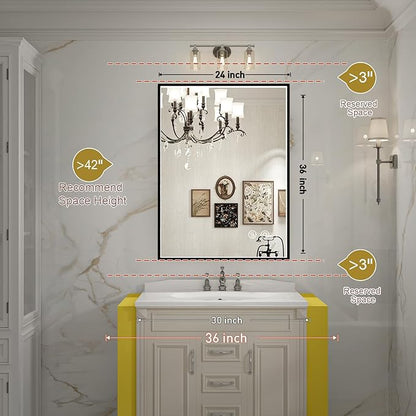 24X36 Inch LED Bathroom Mirror,Black Metal Framed Lighted Mirror,Wall Mouted LED Vanity Mirror with Lights, Stepless Dimmable, Anti-Fog, Memory(Horizontal/Vertical)