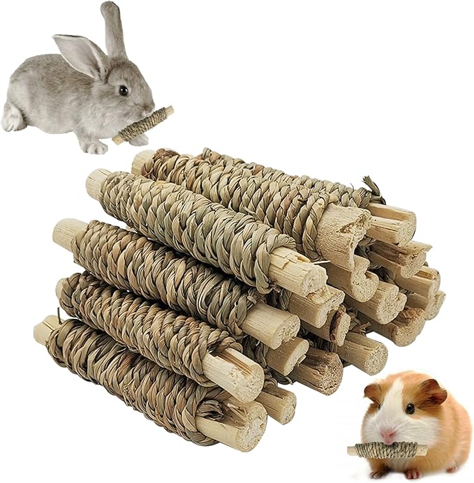 Fhiny 18 PCS Guinea Pig Chew Toys, Natural Seagrass Sweet Bamboo Molar Sticks for Teeth Bunny Chew Toys Cage Accessories for Rabbit Bunny Guinea Pig Chinchilla Hamster-Mewly Pet