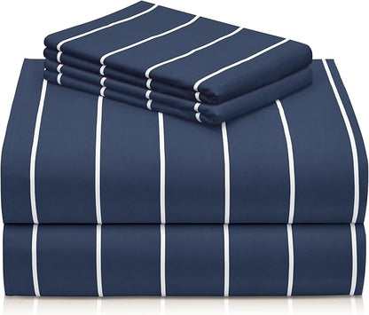 LuxClub 4 PC Cal King Size Sheet Set Bed Sheets, Breathable Luxury Deep Pockets Wrinkle Free Cooling Sheets Machine Washable Hotel Bedding (Cal King, Striped Navy)