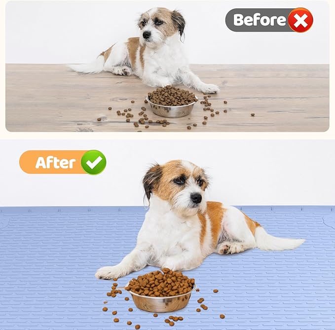 Dog Food Mat, Extra Large 40" x 28" Silicone Pet Feeding Mat with Raised Edge Pet Placemat for Small, Medium, and Large Pets Non-Slip, Easy to Clean (Blue)-Mewly Pet