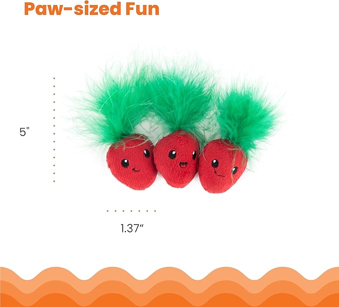 Catstages Strawbabies 3-Pack Catnip Cat Toys for Dental Health, Feather & Crinkle Teething Toys for Kittens and Indoor Cats, Interactive Play, Pink-Mewly Pet