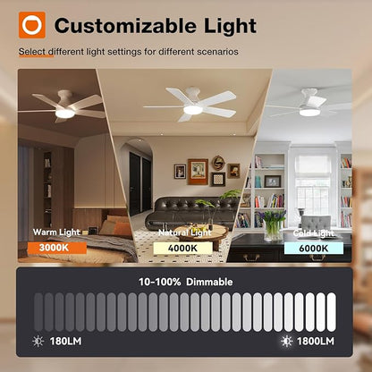 addlon Ceiling Fans with Lights, 42 Inch Low Profile Ceiling Fan with Light And Remote Control, Flush Mount, Reversible, 3CCT, Dimmable, Quiet, White Small Ceiling Fan for Bedroom Indoor/Outdoor Use