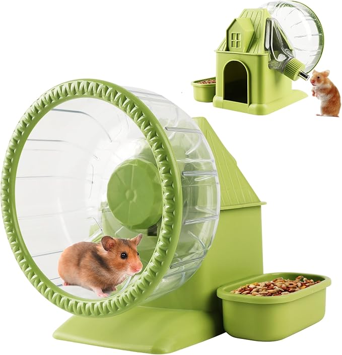 4 in 1 Silent Large Hamster Wheel Multifunctional Hamster Running Wheel Quite Running Spinner Wheel Accessories with Food Bowl Water Bottle for Hamsters Dwarf Gerbil (Green)-Mewly Pet