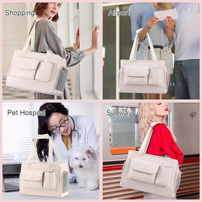 Dog Carrier Purse, Fashion Leather Pet Carrier Bag, Airline Approved Soft Sided Cat Travel Tote Bag with Pockets White-Mewly Pet