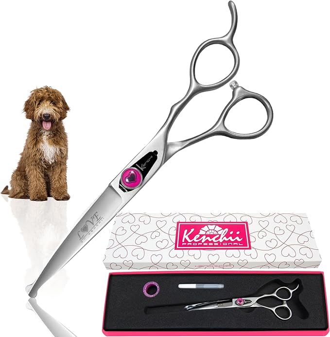 Kenchii Love Dog Grooming Scissors, 6.5 Inch Curved Balltip Shears, Dog Scissors for Grooming, Professional Pet Grooming Scissors, Safety Round Tip Shears-Mewly Pet