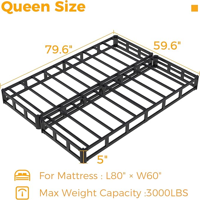 Split Queen Box Spring 5 Inch, Easy Assembly Bed Foundation, Heavy Duty Low Profile Metal Box Spring for Queen Bed with Fabric Cover, Noise Free