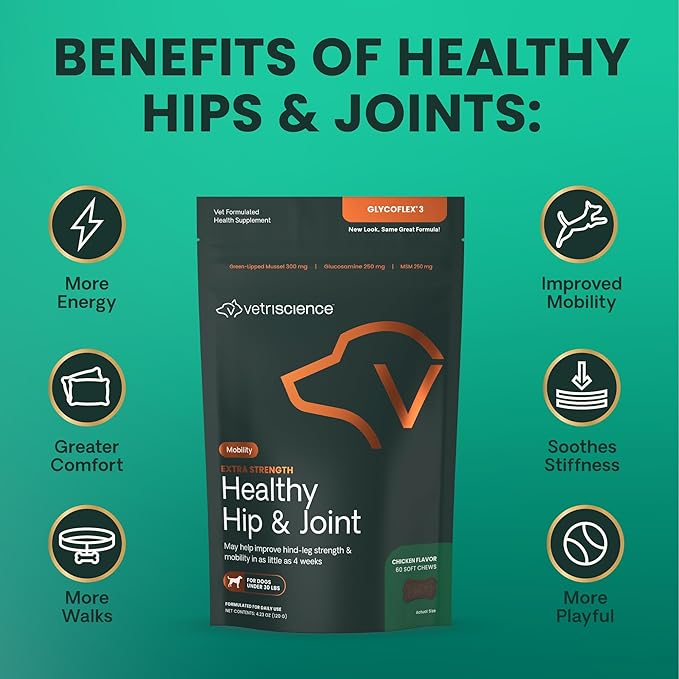 VetriScience Glycoflex 3 Clinically Proven Hip and Joint Support Supplement for Small Dogs - Maximum Strength Dog Supplement with Glucosamine, MSM, Green Lipped Mussel & DMG - 60 Chews,Chicken Flavor-Mewly Pet