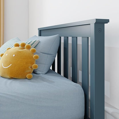 Max & Lily Classic Twin Floor Bed, 79.75 Inches, Solid Wood Low Bed Frame for Kids, Modern Floor Bed for Bedroom, Blue