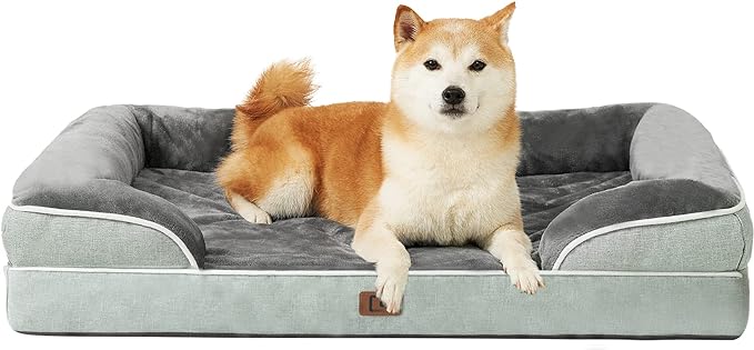 EHEYCIGA Orthopedic Dog Beds for Large Dogs, Waterproof Memory Foam Large Pet Bed with Sides, Non-Slip Bottom and Egg-Crate Foam Dog Couch Bed with Washable Removable Cover, Greyish Green-Mewly Pet