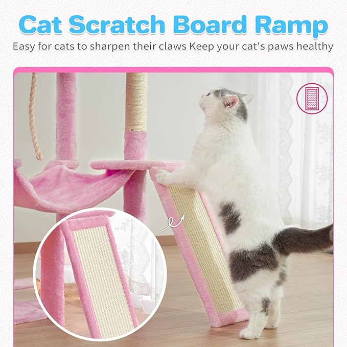 Cat Tree Tower 63in Multi-Level Cat Tower for Indoor Cats with Sisal Scratching Posts, Condo, Hammock, Dangling Ball and Extended Platform for Cats to Play, Pink-Mewly Pet