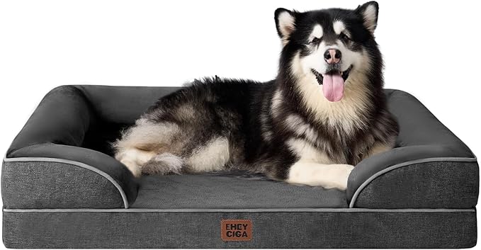 EHEYCIGA Orthopedic Dog Beds for Extra Large Dogs, Waterproof Memory Foam XXL Pet Bed with Sides, Non-Slip Bottom and Egg-Crate Foam Big Dog Couch Bed with Washable Removable Cover, Dark Grey-Mewly Pet