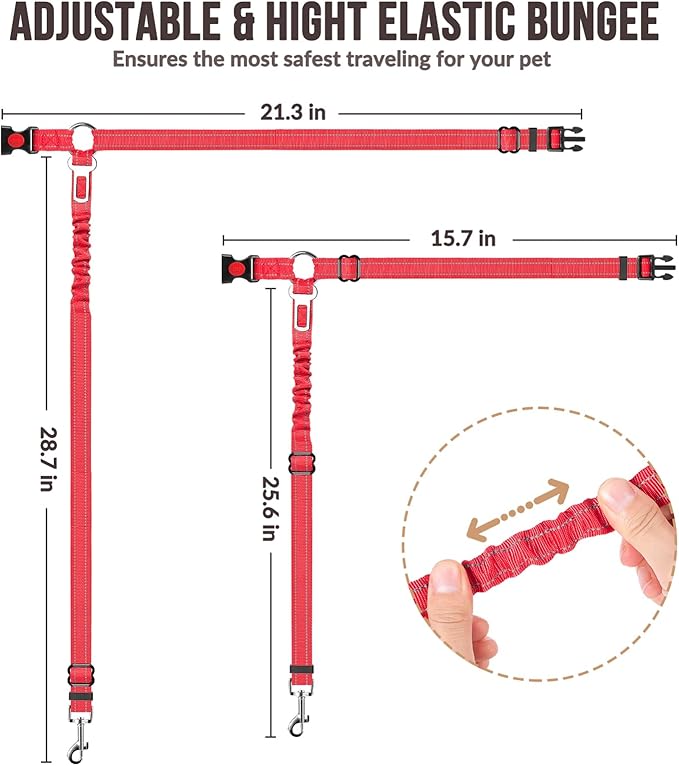 SlowTon Dog Seat Belt for Car, 2 Pack Dog Car Harness Seatbelt Adjustable with Elastic Bungee Buffer, 2 in 1 Pet Car Leash Headrest Restraint Dog Reflective Safety Tether (S, Red, Headrest+Clip)-Mewly Pet