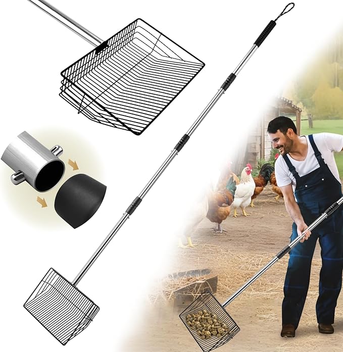 Chicken Poop Scooper with Long Handle- Coop Scoop with 24-68" Adjustable Stainless Handle, 4-in-1 Sifter Shovel for Poultry Waste Cleaning Accessories (Black)-Mewly Pet