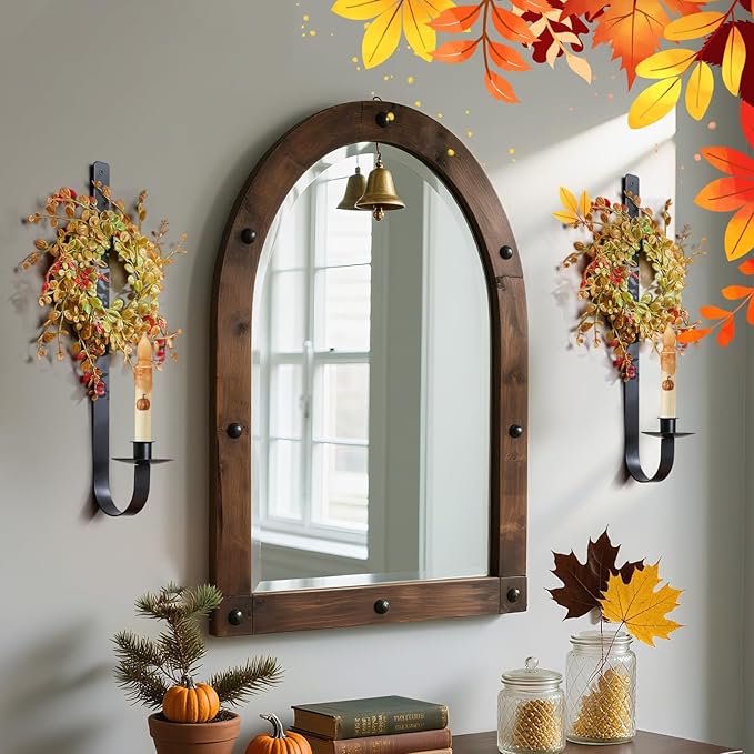 2 Set Rustic Wall Candle Sconces Holder Thanksgiving Fall Decor 18.5" Vintage Metal Wall Mount Candle Holder with Wreath for Farmhouse Living Room Indoor, Only Applicable to LED Candles