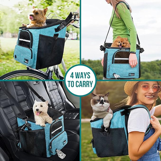 PetAmi Dog Bike Basket, Soft-Sided Ventilated Dog Bike Carrier Backpack, Pet Bicycle Basket for Bike Handlebar, Small Medium Puppy Cat Kitten Car Booster Seat with Safety Strap, Max 18 lbs, Blue-Mewly Pet
