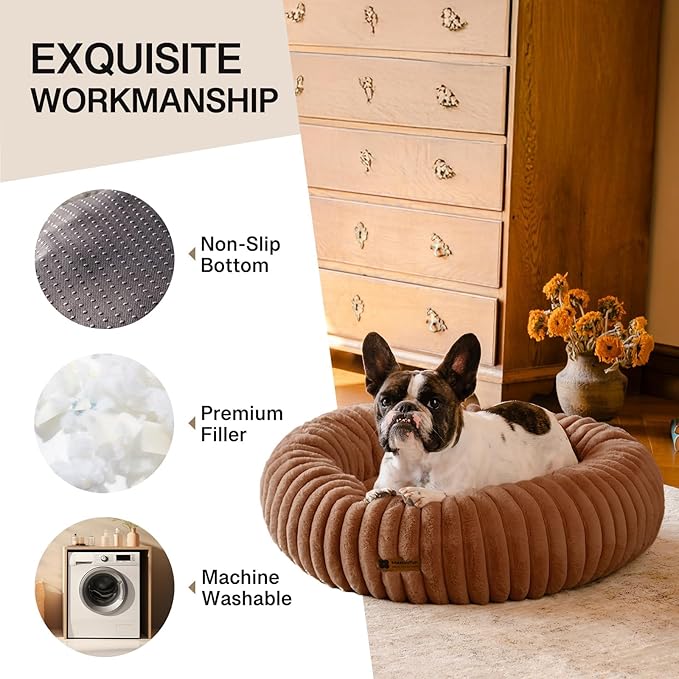 MEWOOFUN Donut Dog Beds for Small Dog, Calming Bed Round Cute Puppy Bed with Non-Slip Bottom, Fluffy Washable Pet Bed for Puppy and Kitten (Dark Brown, S (25x25x7))-Mewly Pet