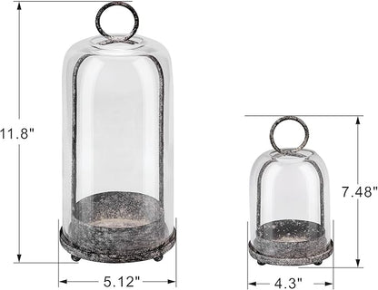 5" & 4" Wide Versatile Metal Candle Holder in Shabby Black with Handmade Thick & Sturdy Glass Dome Cover for Pillar Candle & Plants, Industrial, Farmhouse (2, Black Shabby, Large & Small)