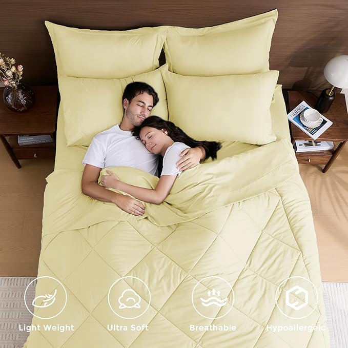 HEVUMYI Cream Yellow Cali-King Comforter Set - 7-Piece All Season Bed in a Bag Cali-King, Ultra Soft Bedding Set with Comforter, Flat Sheet, Fitted Sheet, Pillowcases, Pillow Shams