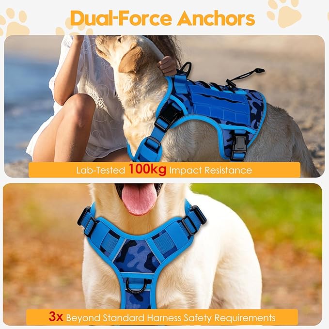 Heavy-Duty Tactical Dog Harness for Large Dogs, No Pull Adjustable Reflective Pet Vest with Molle System, K9 Military-Grade Control for Service Training, Outdoor & 10+ Breeds, Blue Camo, X-Large-Mewly Pet