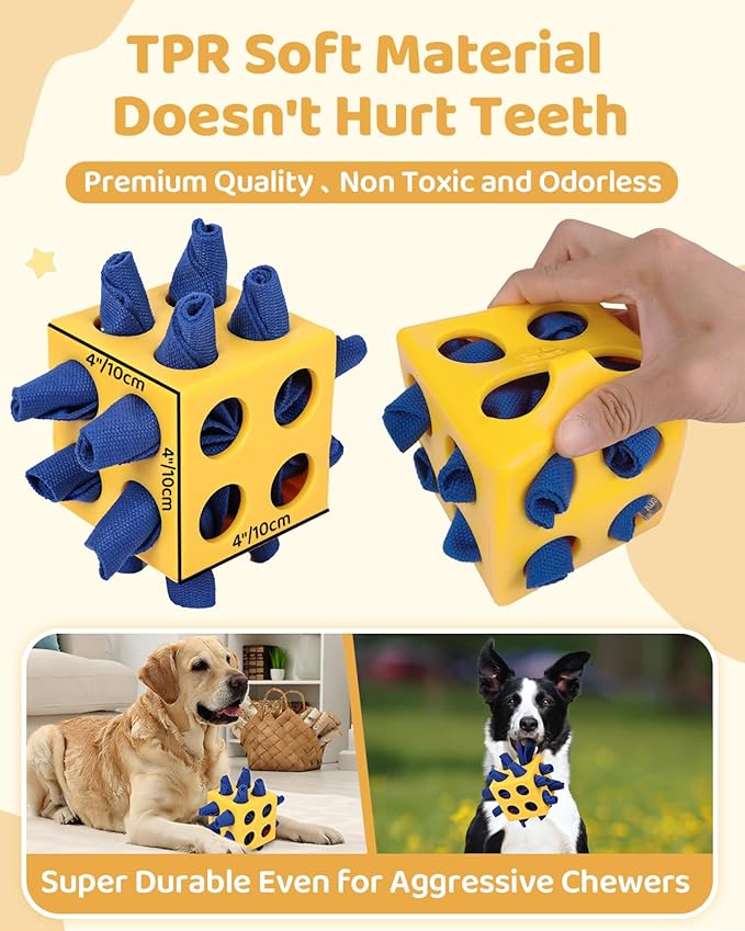 Interactive Puzzle Dog Toy Encourage Natural Foraging Skill, Durable Dog Enrichment Toy Snuffle Cube Cloth Strip with Hide & Seek Food, Slow Feeder for Mind Stimulate & Stress Relief (Yellow)-Mewly Pet