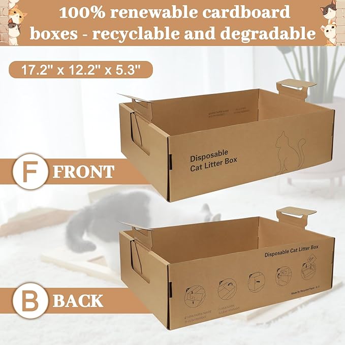 3-Pack Disposable Litter Boxes for Cats,Disposable 100% Renewable Cardboard Foldable Litter Boxes,Large-Capacity Portable Cardboard Cat Litter Box,Waterproof Travel Litter Box,17.2'' x 12.2'' x 5.3''-Mewly Pet