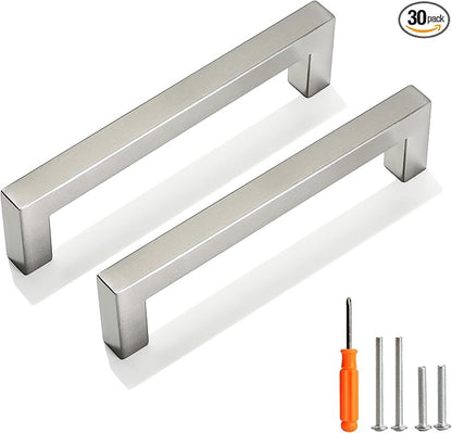 Cabinet Pulls Brushed Nickel Cabinet Handles Square Drawer Pulls, 30 Pack 5 Inch Stainless Steel Kitchen Door Cupboard Cabinet Handles, Cabinet Hardware Drawer Handles, 128mm Hole Centers